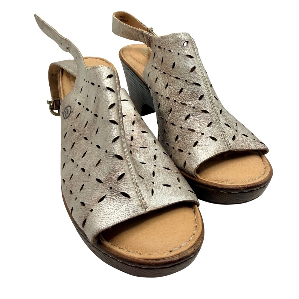 Born Sandal Womens 7 Silver Metallic Laser Cut Leather Wedge Slingback F59410